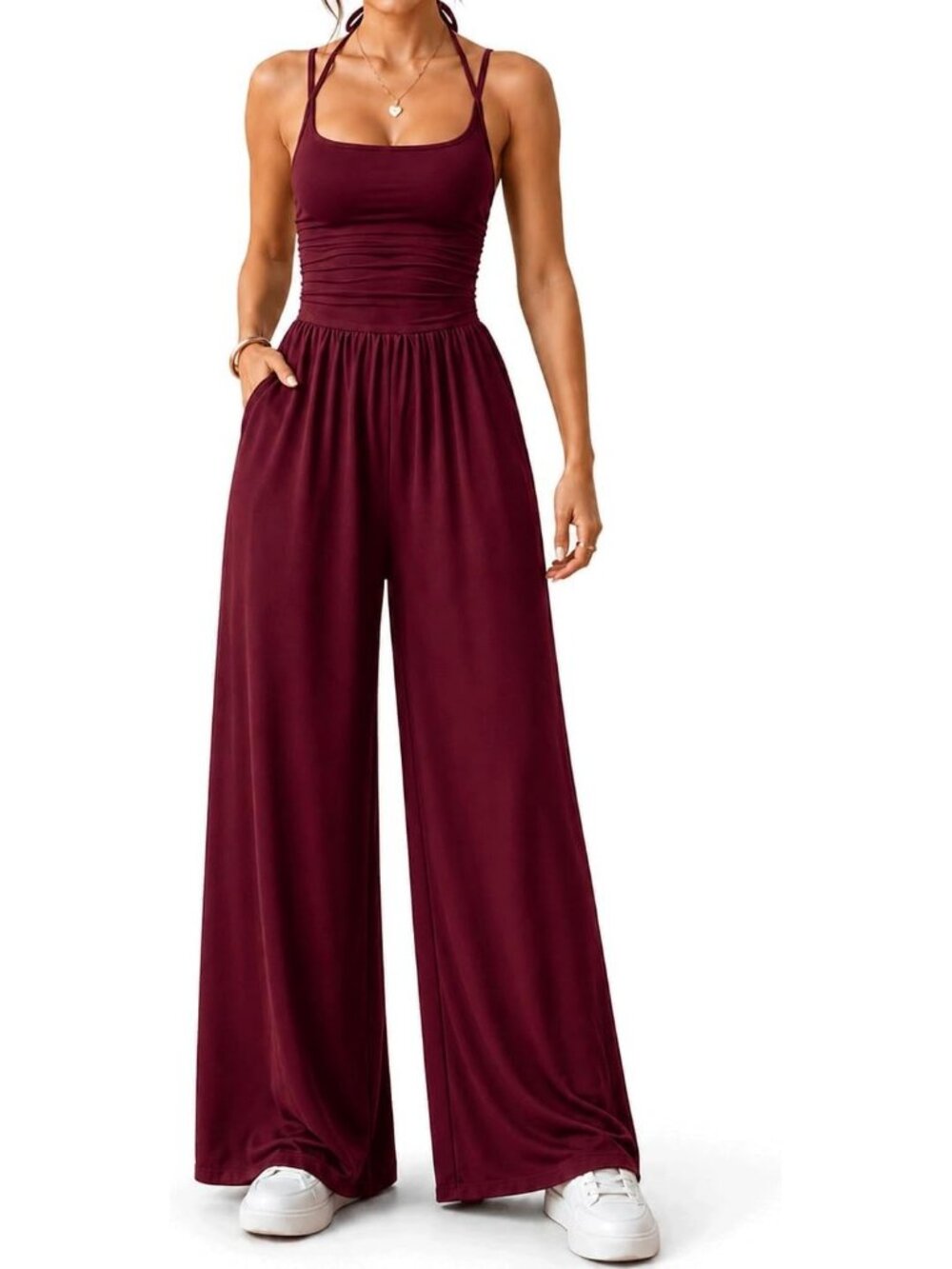 Women's Deep Red Wide Leg Jumpsuit Thin Straps Summer Going Out Party Casual